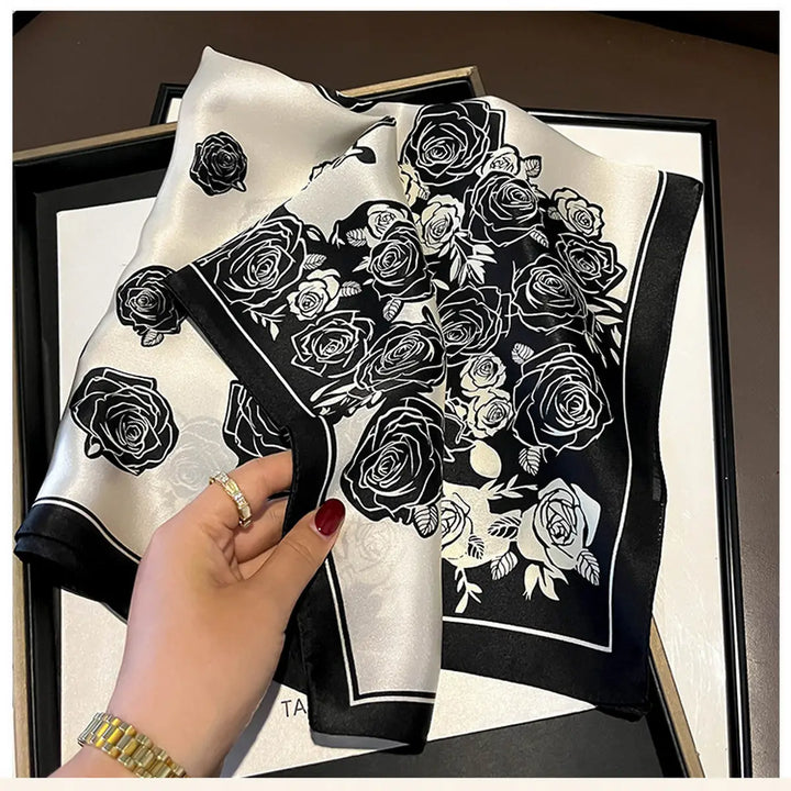 SCARF 100% SILK FLORAL BLACK WHITE