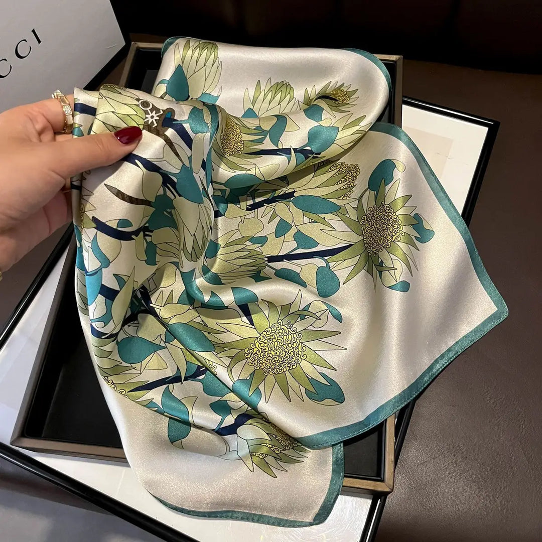 SCARF 100% SILK FLORAL GREEN
