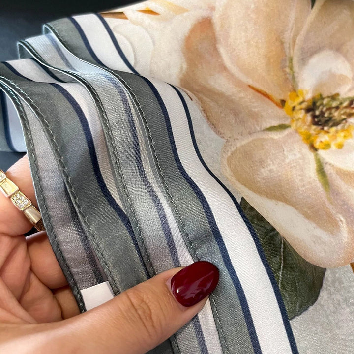 SCARF 100% SILK BOTANICAL FLORAL GREY