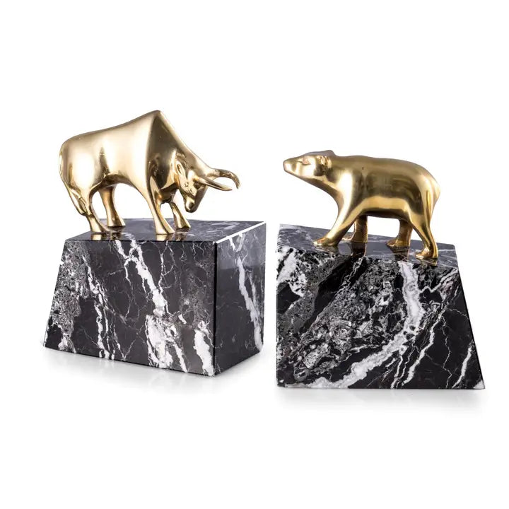 BOOKENDS BRASS BULL&BEAR ON BLACK MARBLE BASE