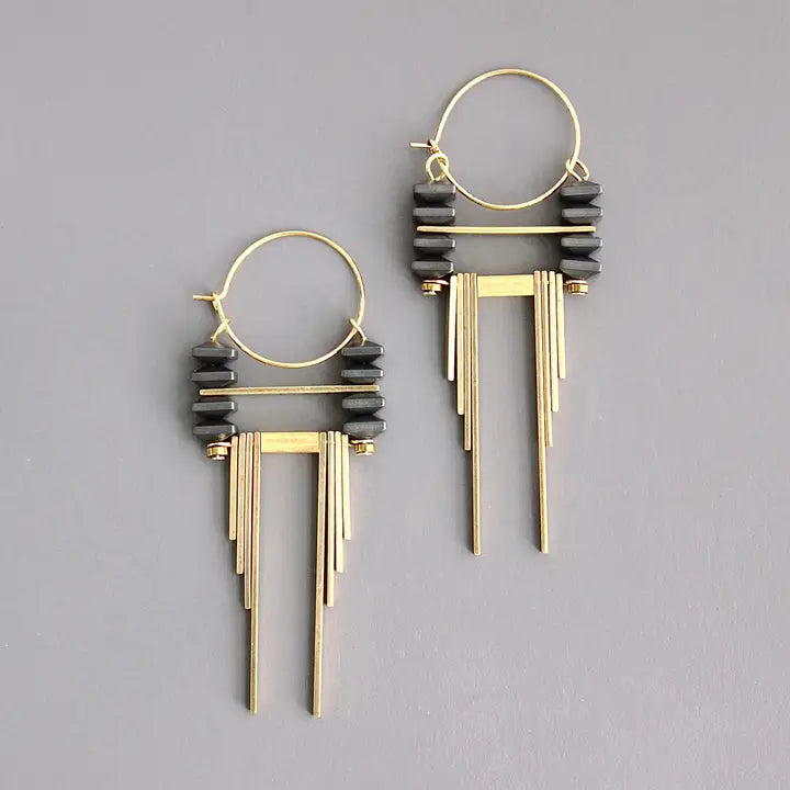 EARRINGS HOOP ARTDECO HEMATITE AND BRASS