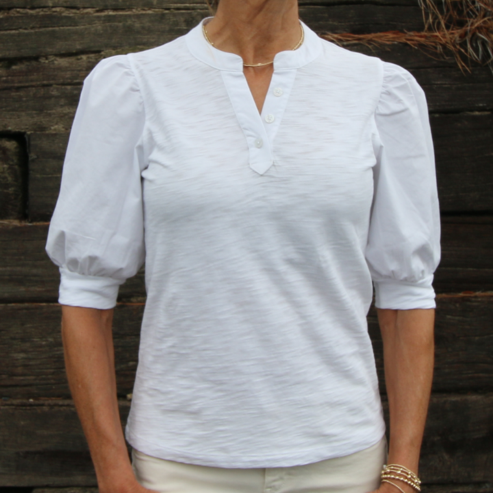 BLOUSE PUFF SLEEVE V IN SLUB