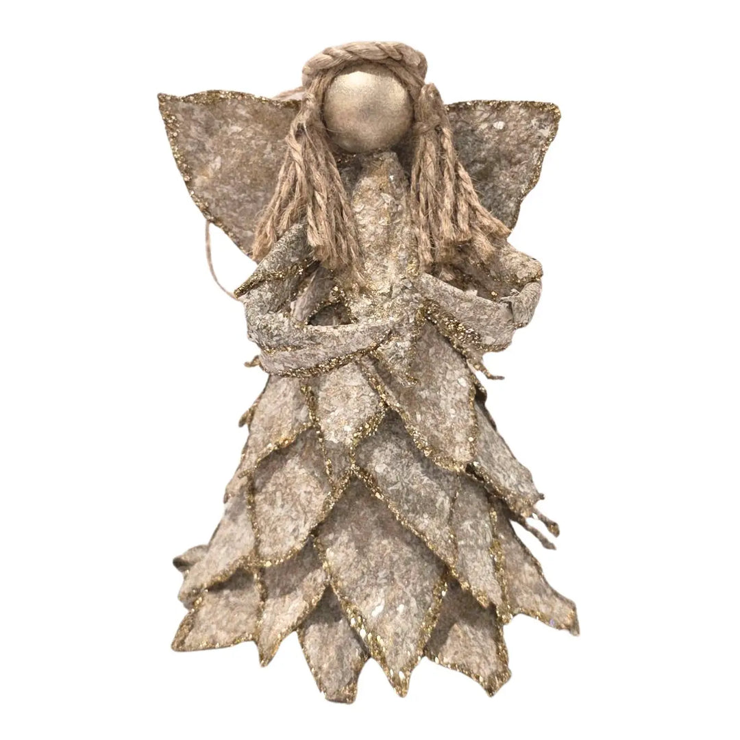 ORNAMENT ANGEL FLOCKED LEAF GOLD/ WHITE WASHED