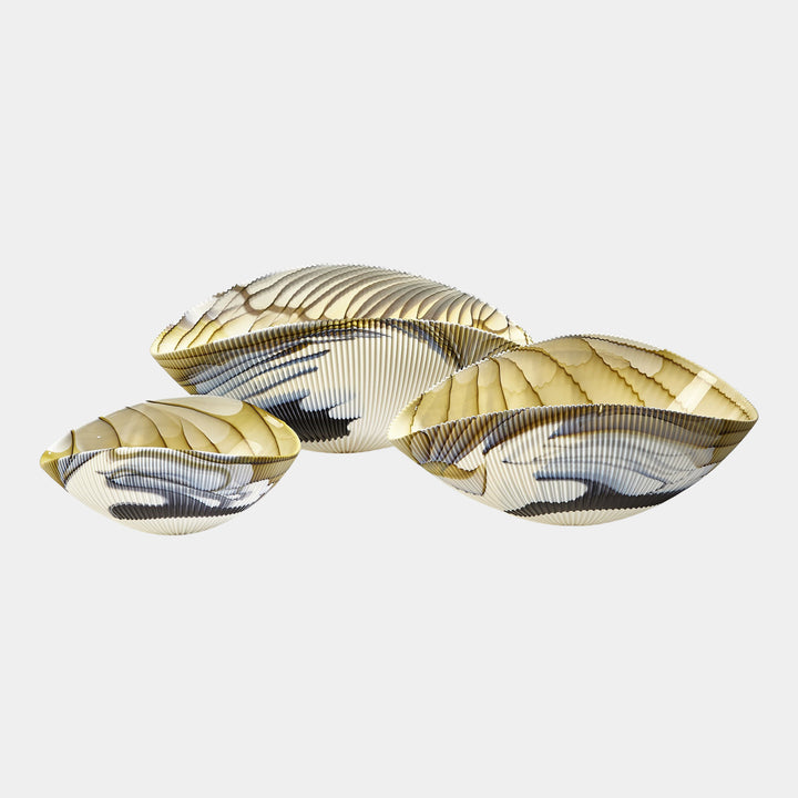 BOWL PLEATED AMBER/BLUE FILIGREE