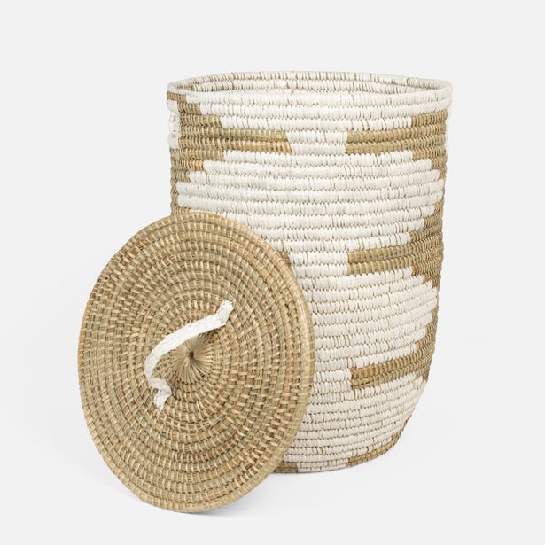 HAMPER NATURAL MENDONG/WHITE RAFFIA ROUND #50465