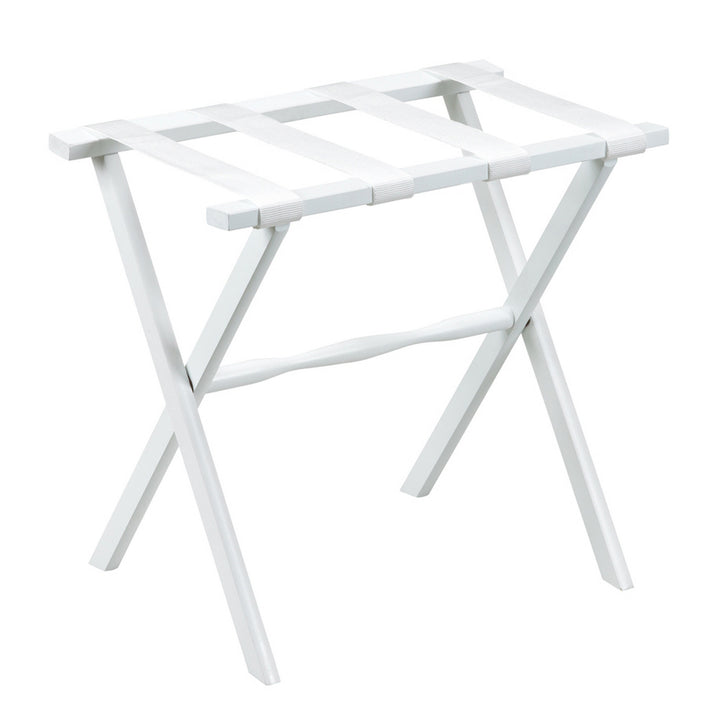 LUGGAGE RACK- WHITE STRAIGHT LEG WOOD WITH WHITE NYLON STRAPS #47598