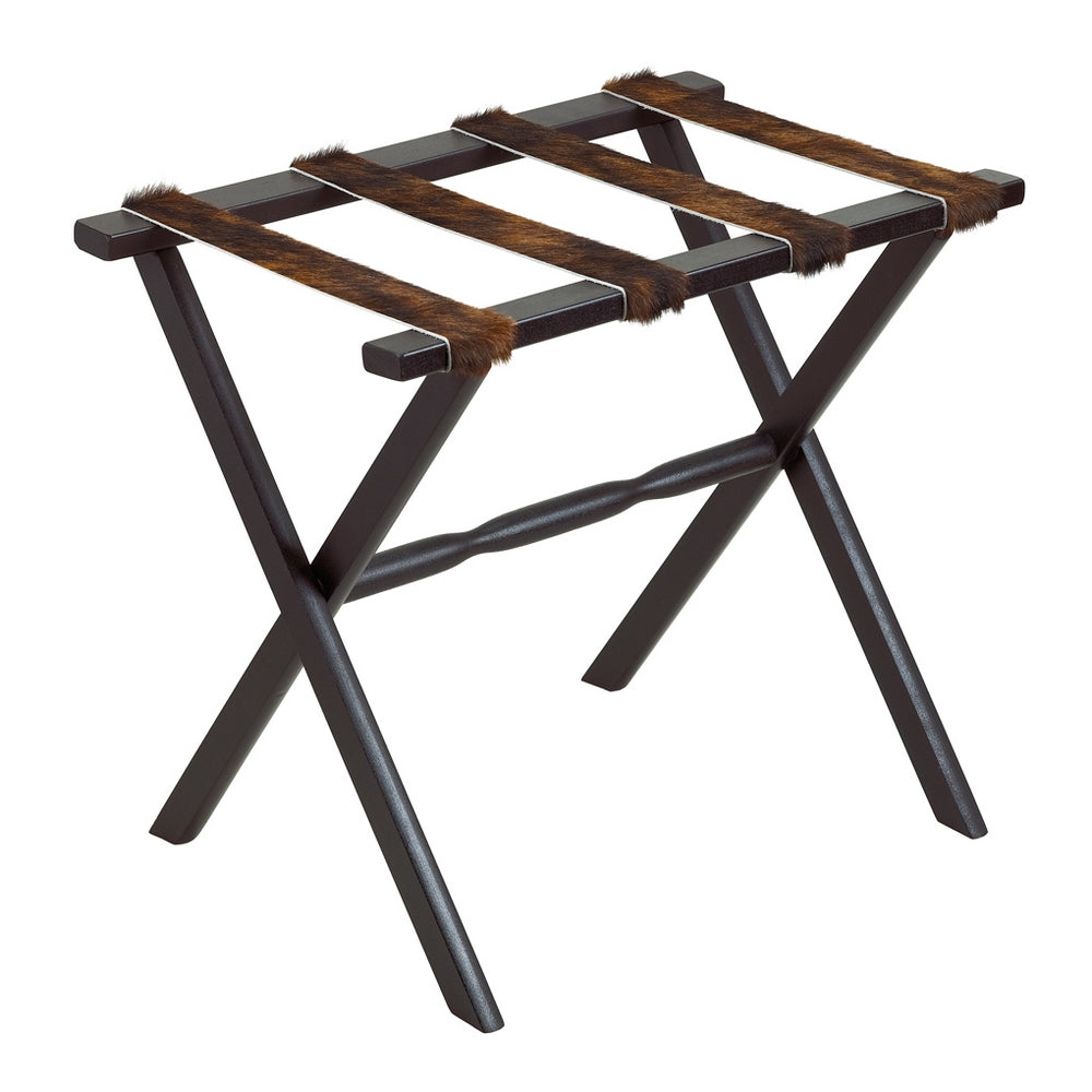 LUGGAGE RACK- BLACK STRAIGHT LEG WOOD WITH 4 BROWN COWHIDE STRAPS