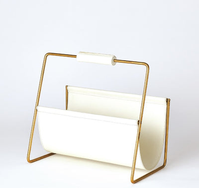 LITERATURE HOLDER BRASS & WHITE LEATHER