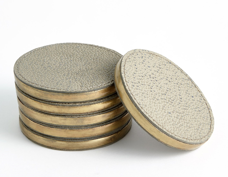 COASTERS LEATHER NEUTRAL WITH BRONZE EDGE - SET OF 6 #54460