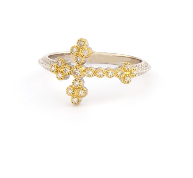 JUDE FRANCES RING MIXED METAL WOVEN ROPE CROSS WITH WHITE DIAMONDS