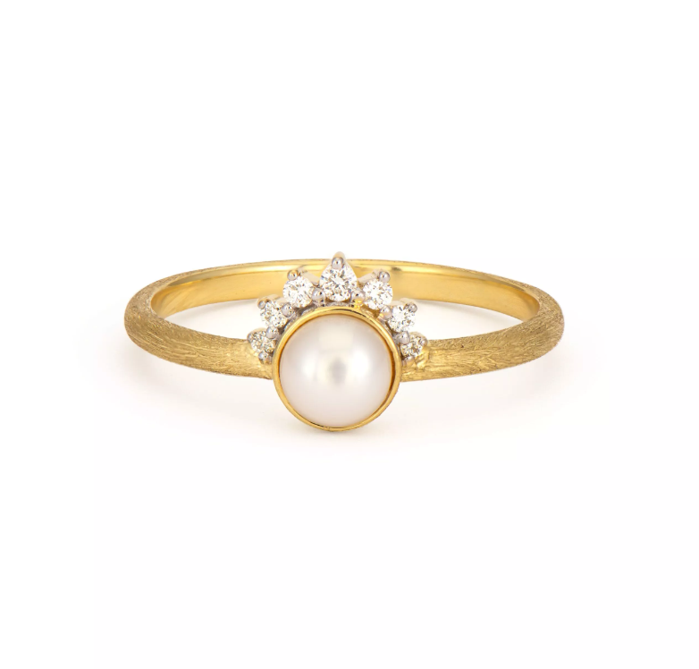 JUDE FRANCES PETITE PEARL STONE RING WITH PAVE WHITE DIAMONDS