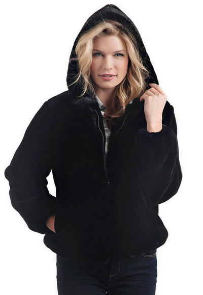 PARKA HOODED ZIP SHEARED BEVER BLACK (Available in 2 Sizes)