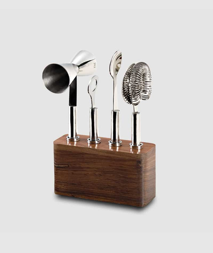 BAR SET W/ WOOD BASE S/S 4 PC TOOLS #215