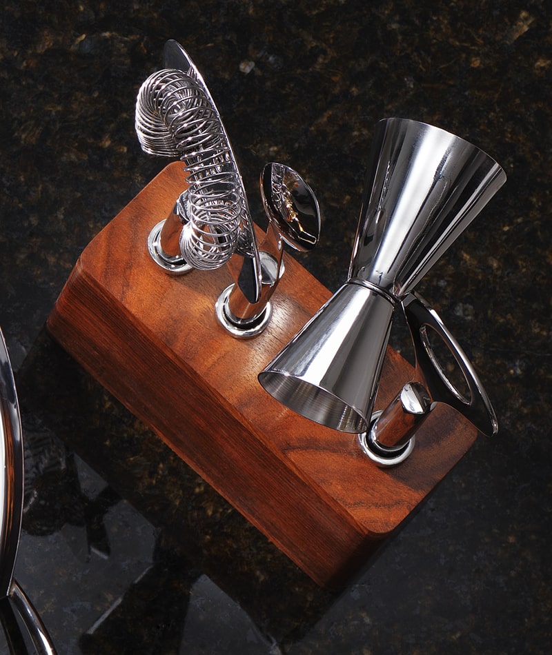 BAR SET W/ WOOD BASE S/S 4 PC TOOLS #215