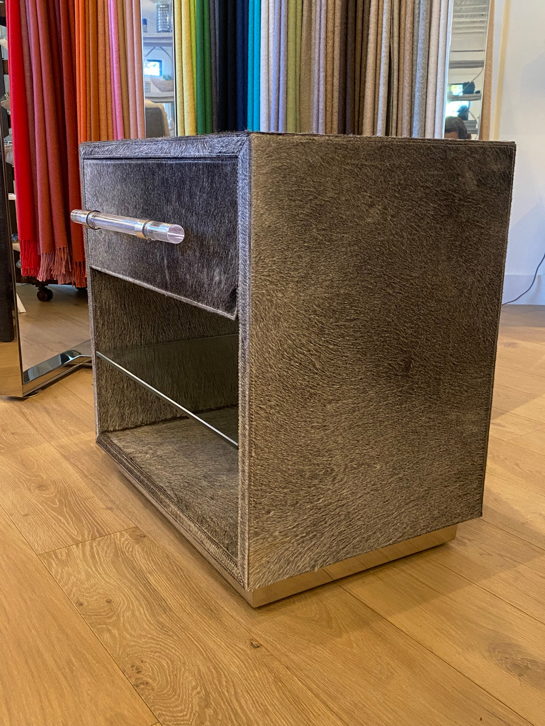 BEDSIDE CHEST NATURAL HIDE WITH ACRYLIC BAR PULL #46053