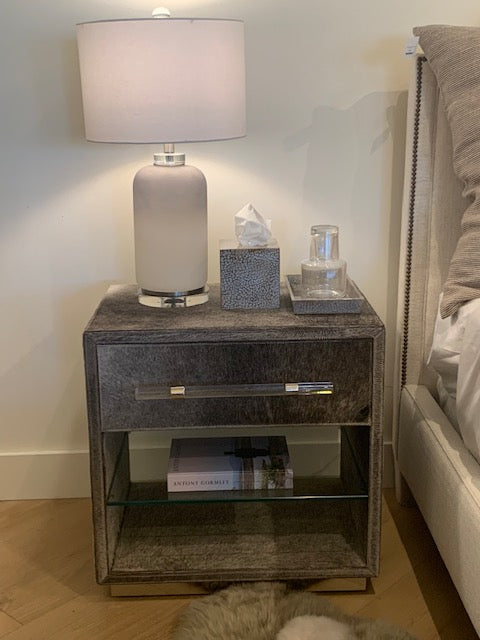 BEDSIDE CHEST NATURAL HIDE WITH ACRYLIC BAR PULL #46053