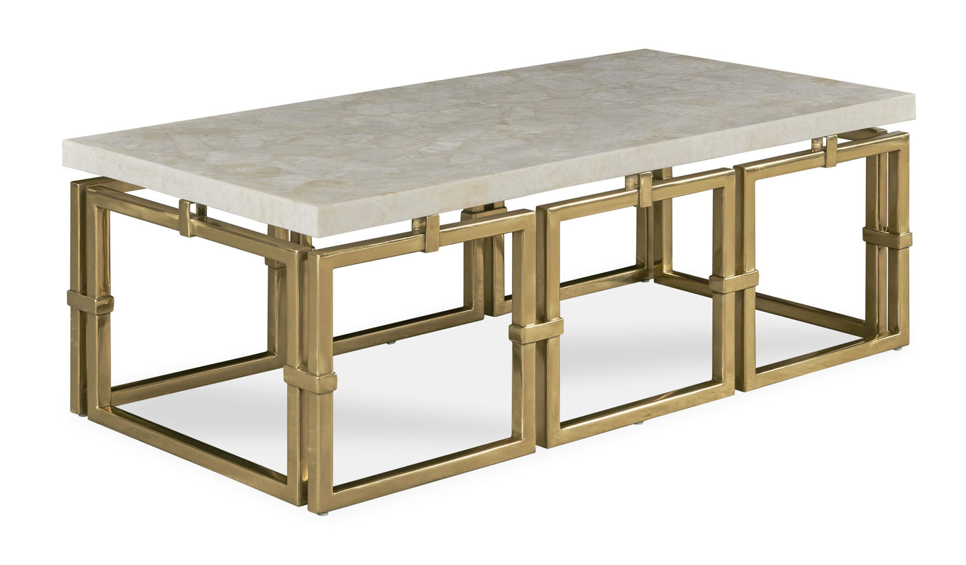 COCKTAIL TABLE IVORY STONE TOP WITH BRASS FRETWORK BASE