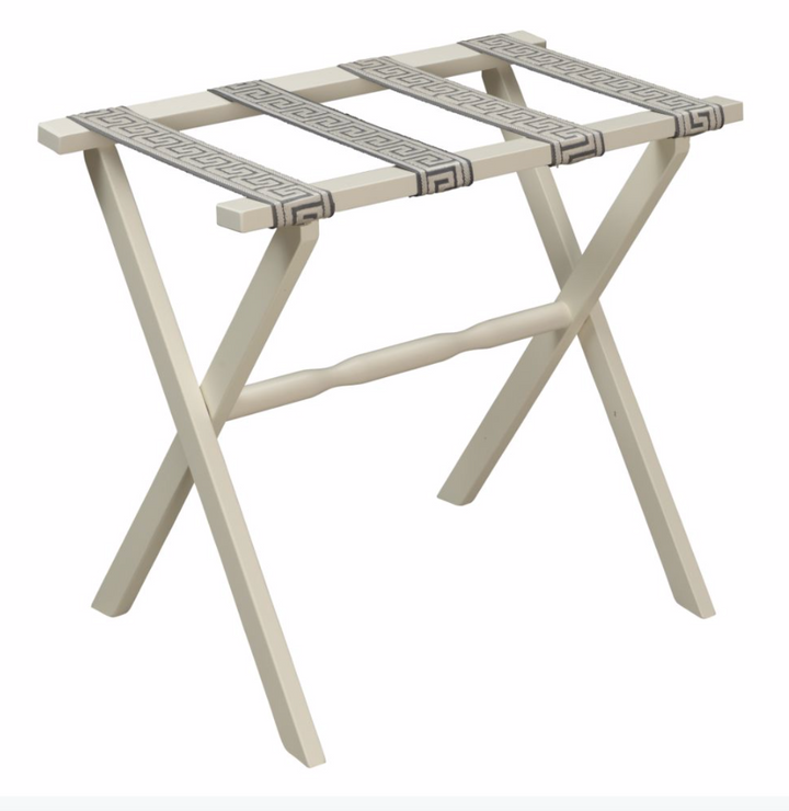 LUGGAGE RACK - IVORY FRAME WITH GREY/TAUPE GREEK KEY STRAPS #20791