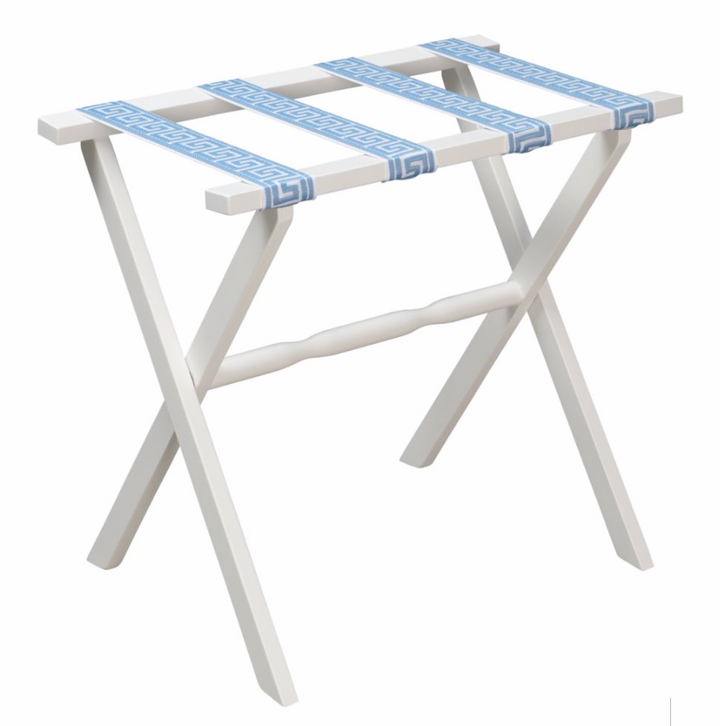 LUGGAGE RACK-WHITE FRAME WITH WHITE & SKY BLUE GREEK KEY STRAPS #20789
